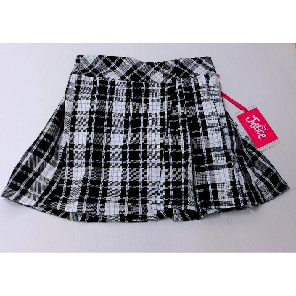 Justice Girls Plaid Pleated Skirt Skort Black White Blue‎ Girls L (12/14) #26103